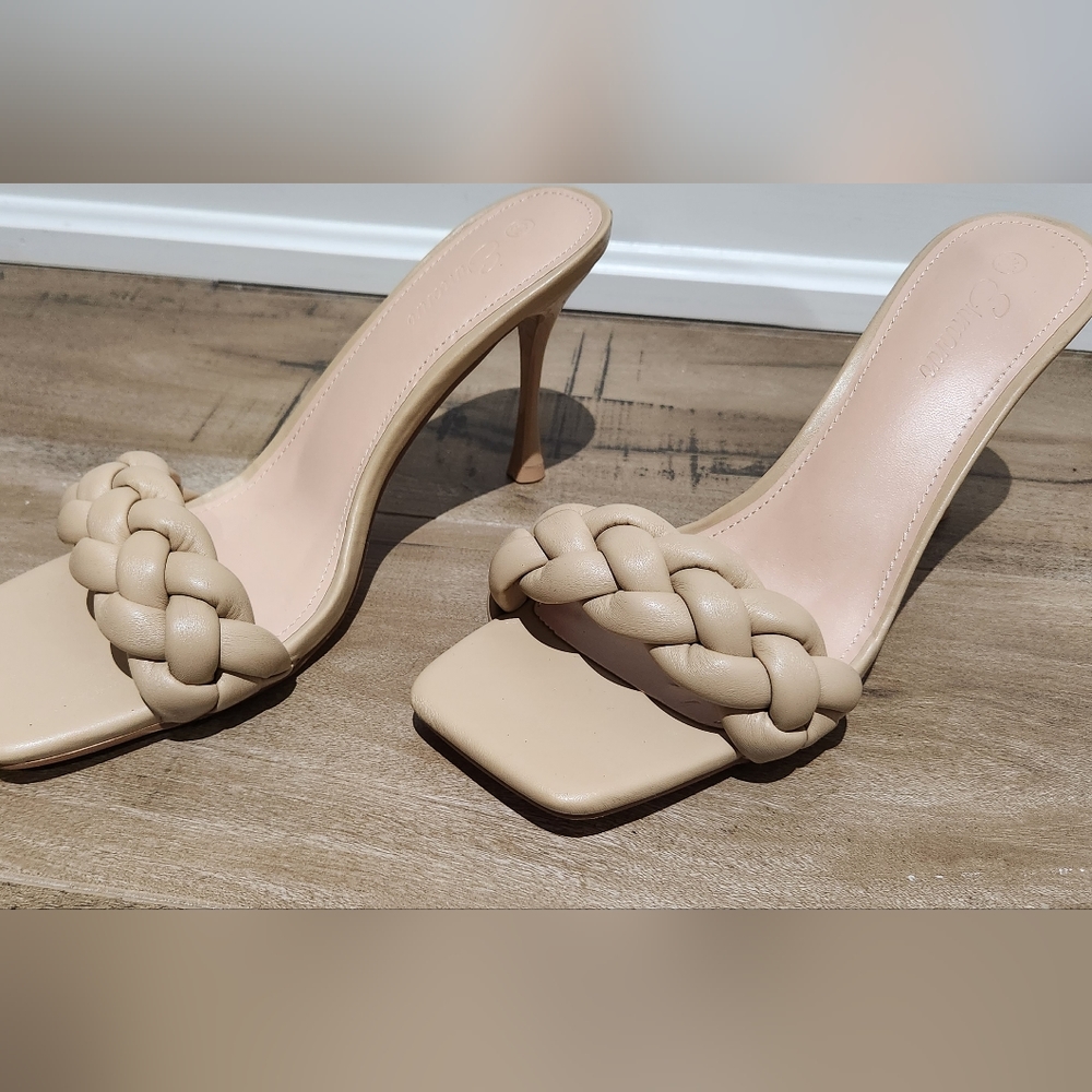 BNWT- Ermonn Square Open Toe Heeled Sandals Braided Stiletto Mule Faux Leather